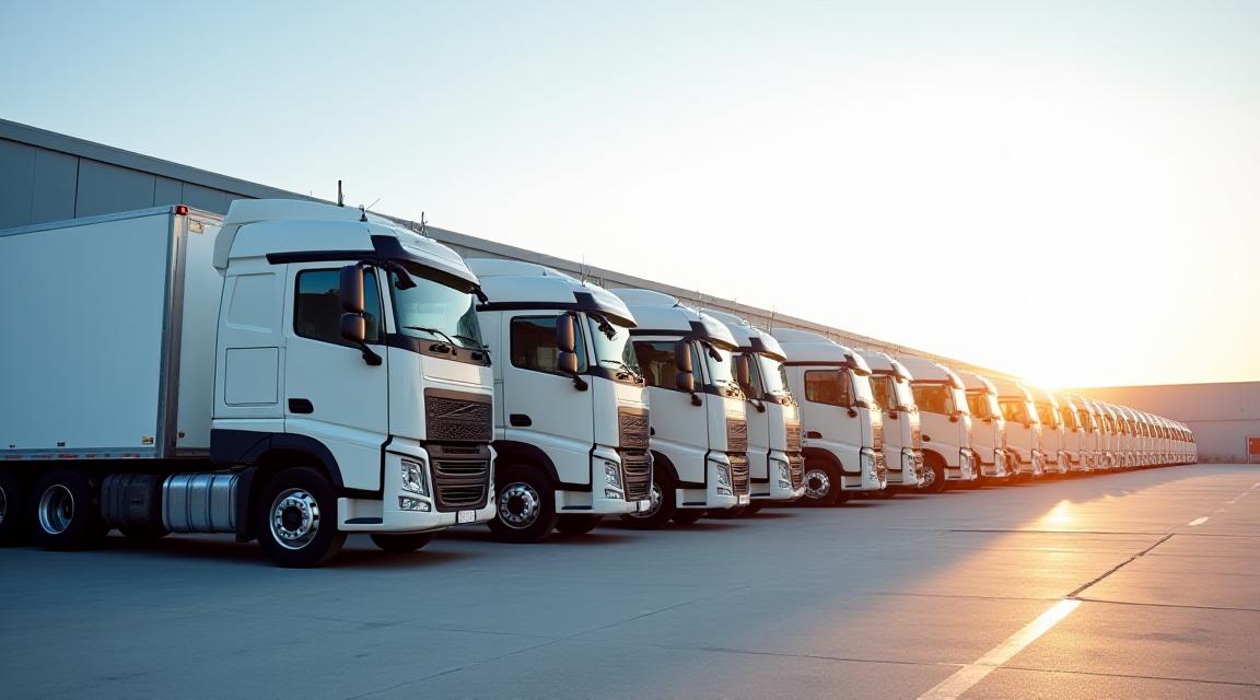 Fleet of trucks parked in a professional logistics yard